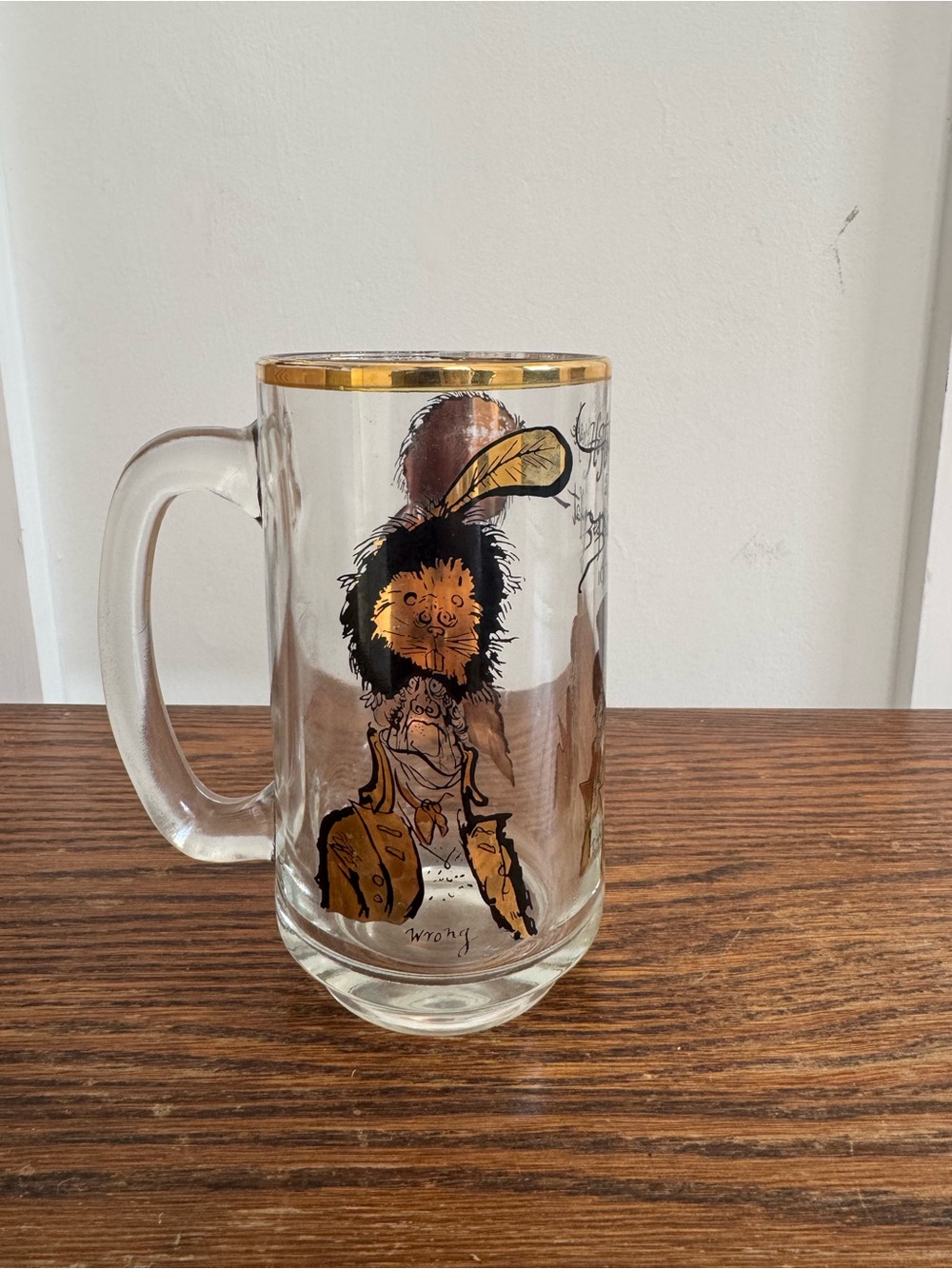 Vintage Gold-Trimmed Glass Beer Stein with Illustrated Character